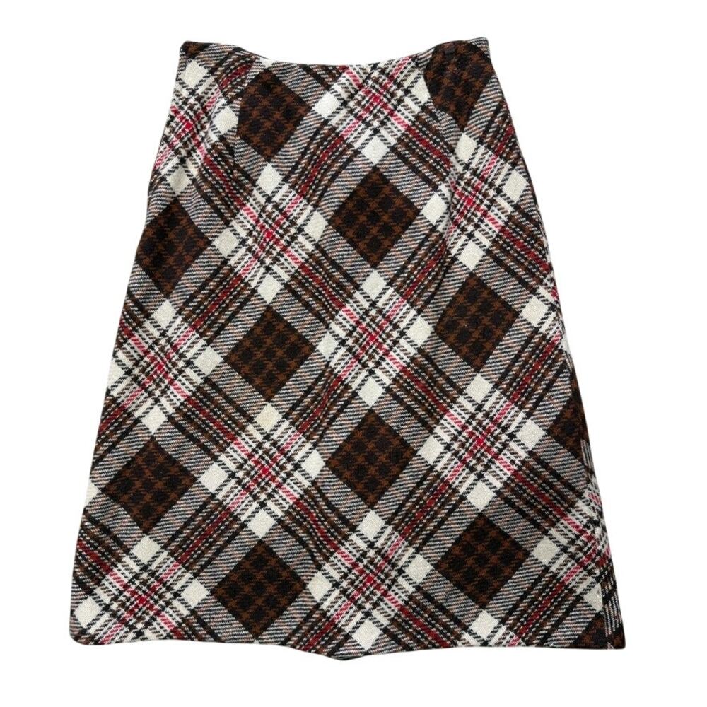 Glenbrooke 60s Vintage Wool Plaid Skirt Red Cream Brown XS